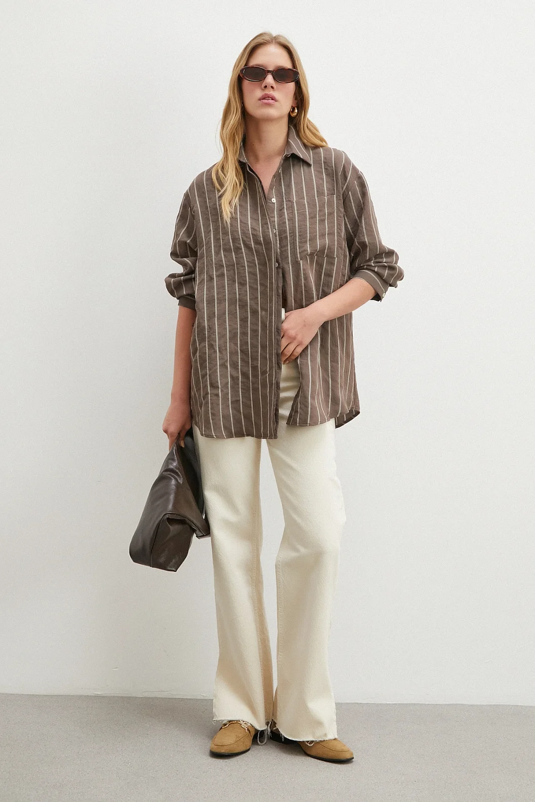 Çizgili Cepli Modal Gömlek Kahve