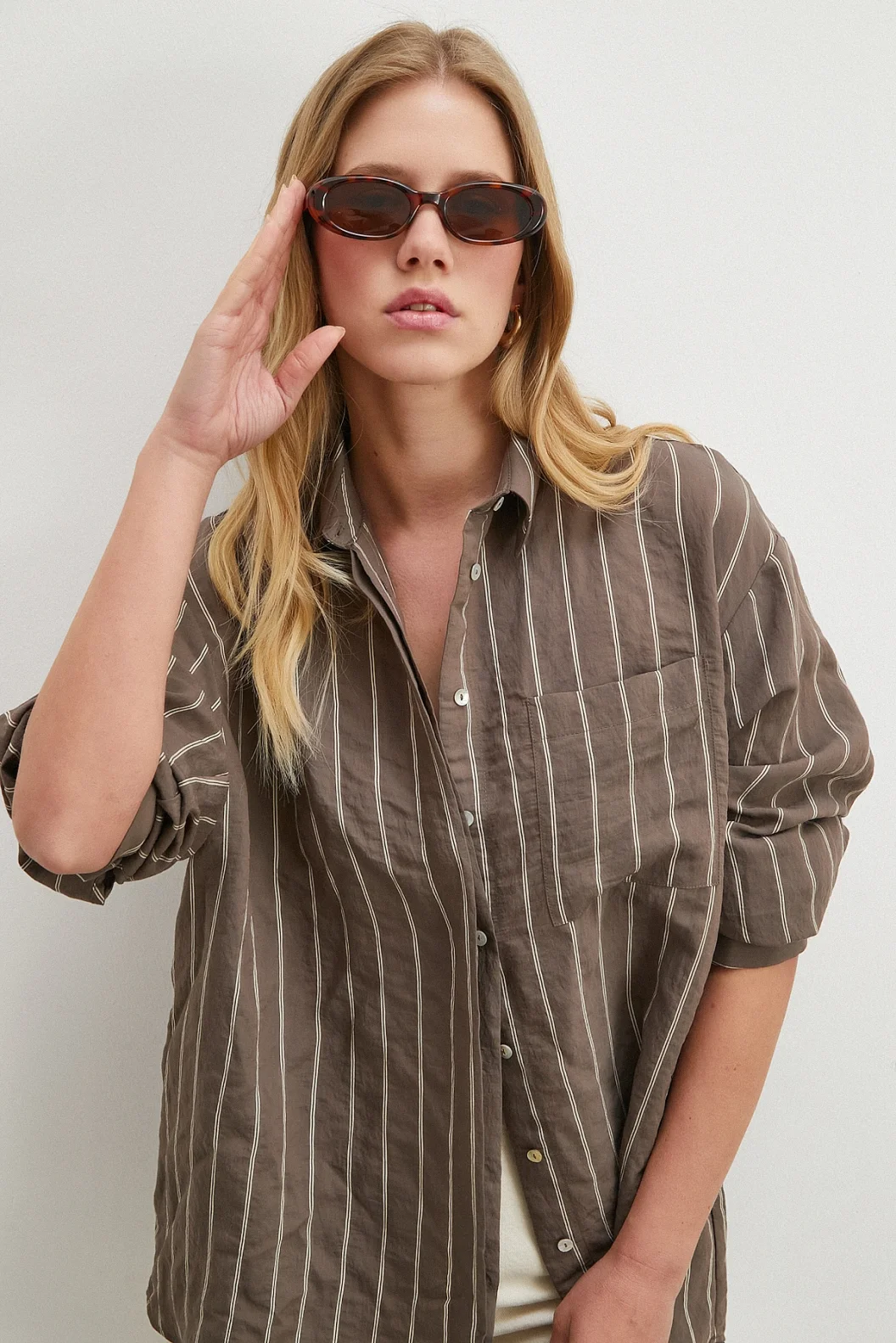 Çizgili Cepli Modal Gömlek Kahve