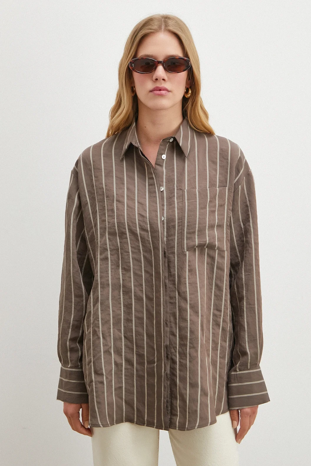 Çizgili Cepli Modal Gömlek Kahve