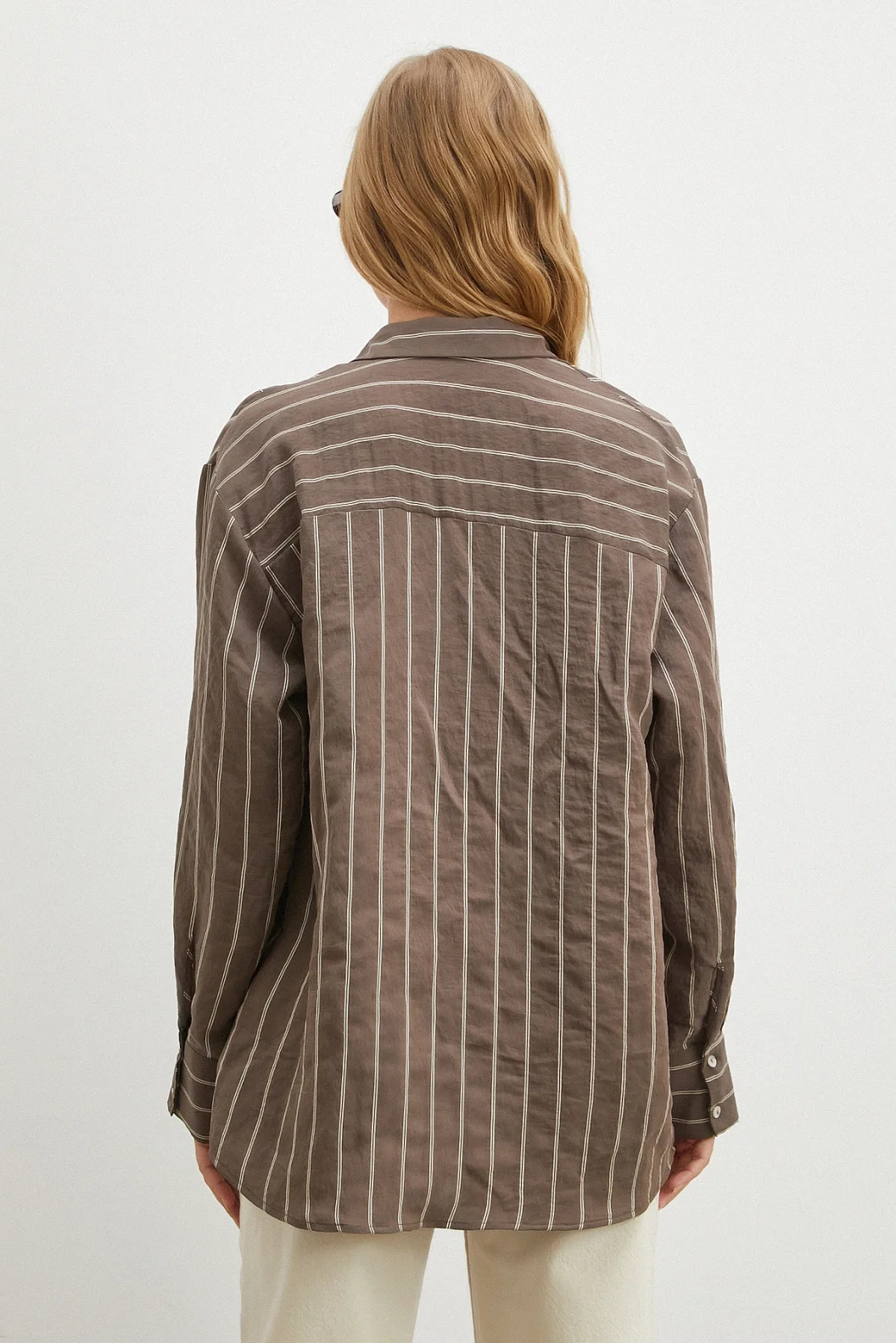 Çizgili Cepli Modal Gömlek Kahve