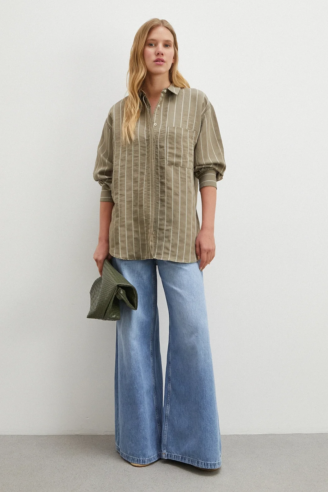 Çizgili Cepli Modal Gömlek Haki