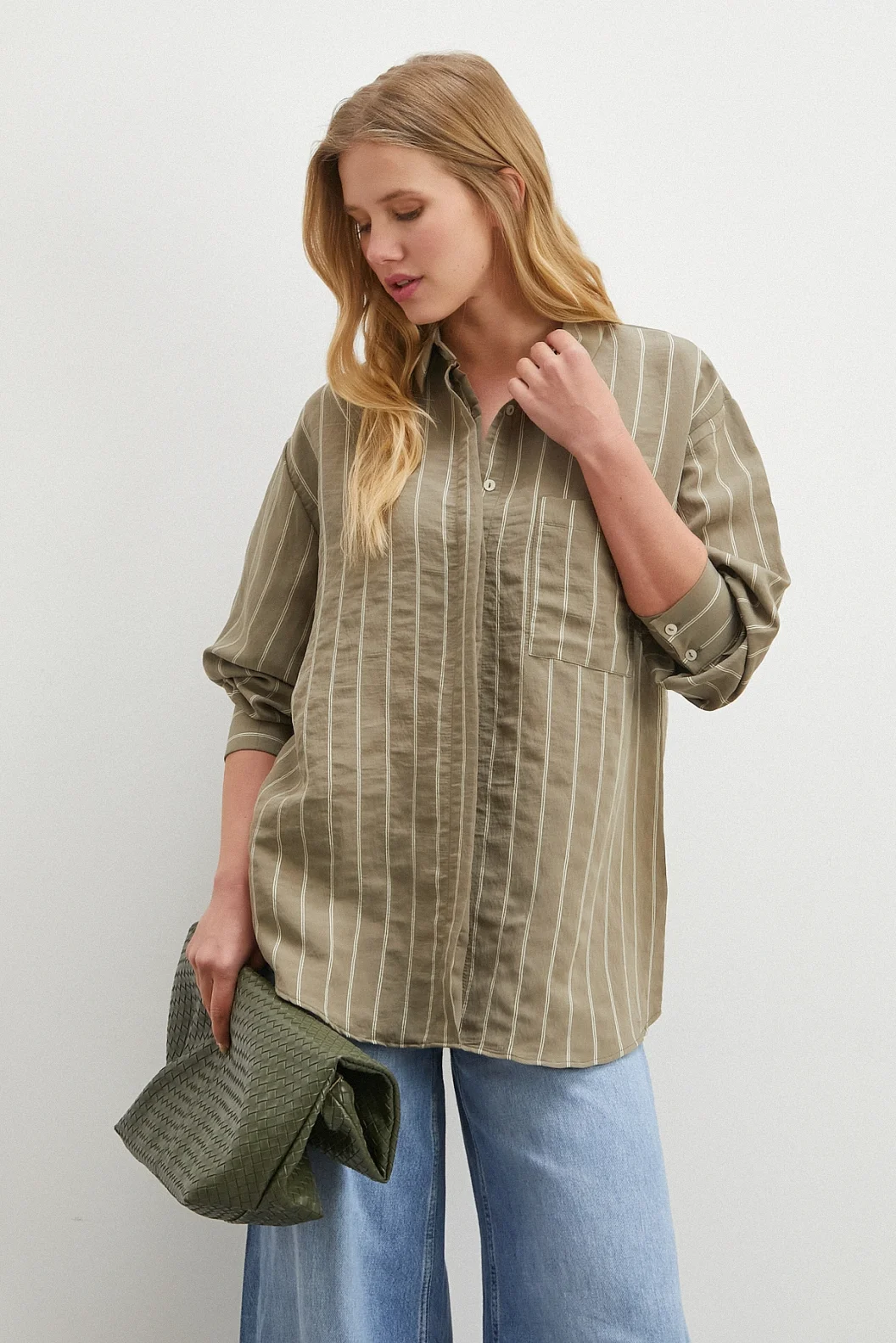 Çizgili Cepli Modal Gömlek Haki