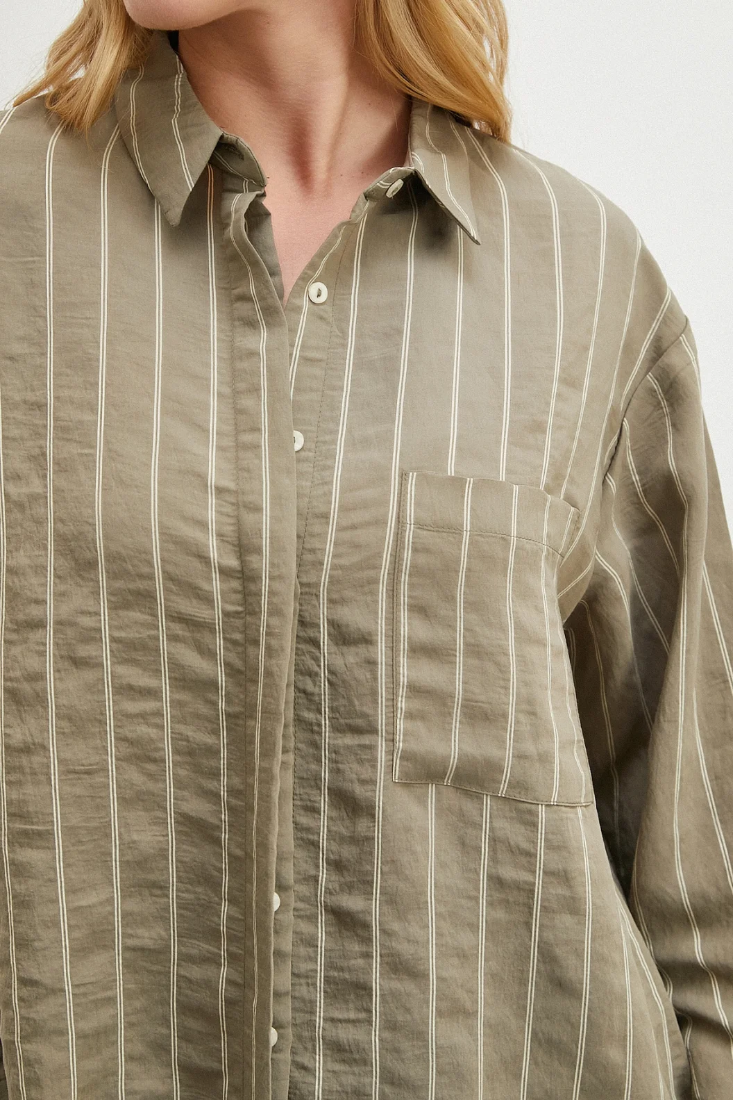 Çizgili Cepli Modal Gömlek Haki