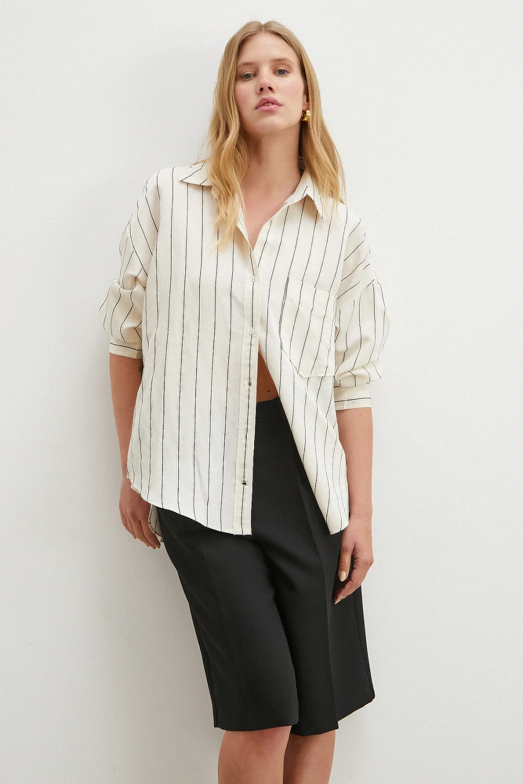 Kontrast Çizgili Gömlek Siyah