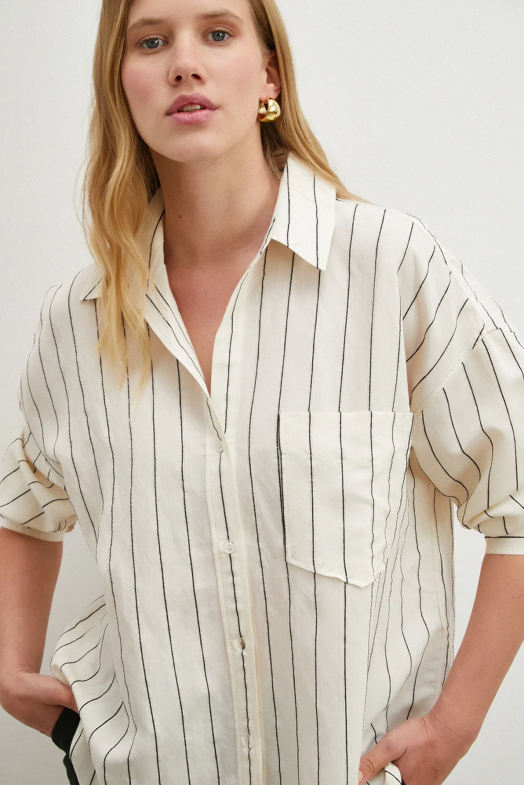 Kontrast Çizgili Gömlek Siyah