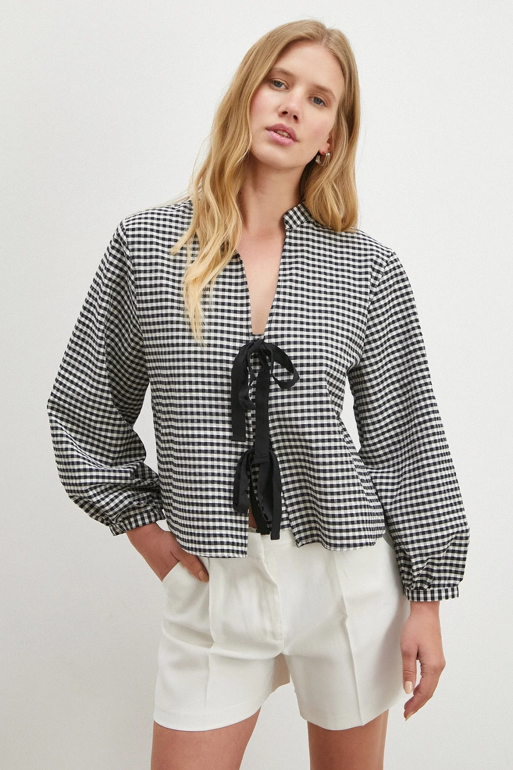 Beli Kuşaklı Pamuk Bluz Siyah