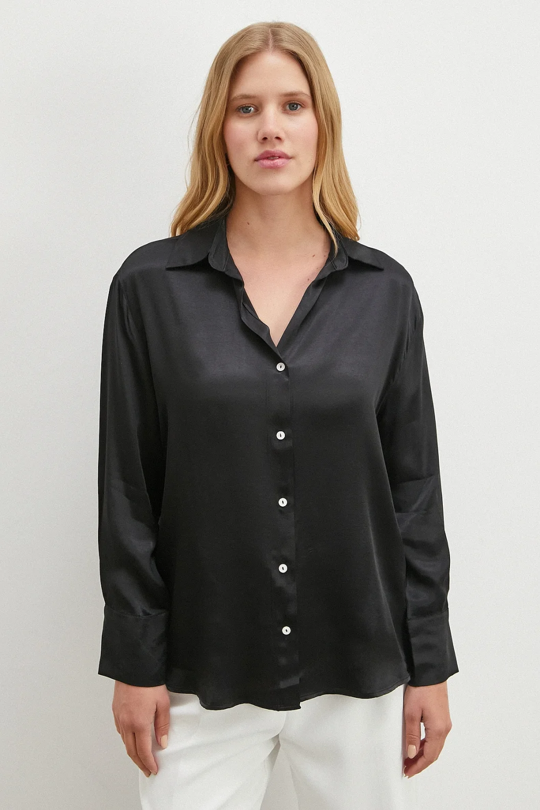 Viskon Saten Gömlek Siyah