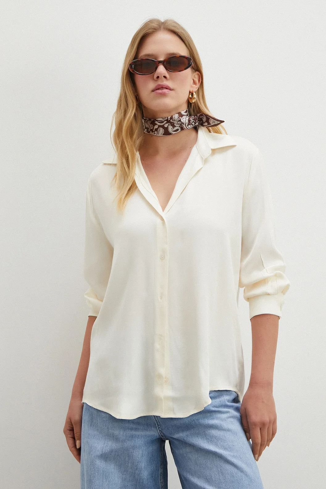 Viskon Saten Gömlek Ekru