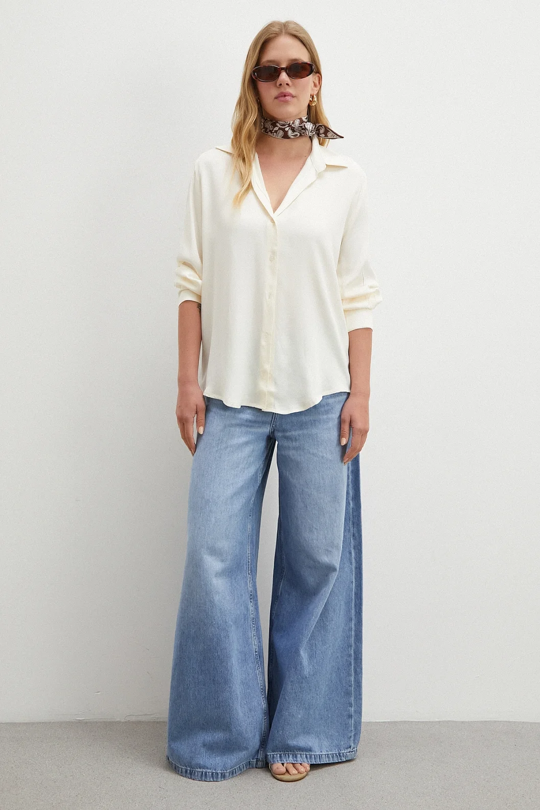 Viskon Saten Gömlek Ekru