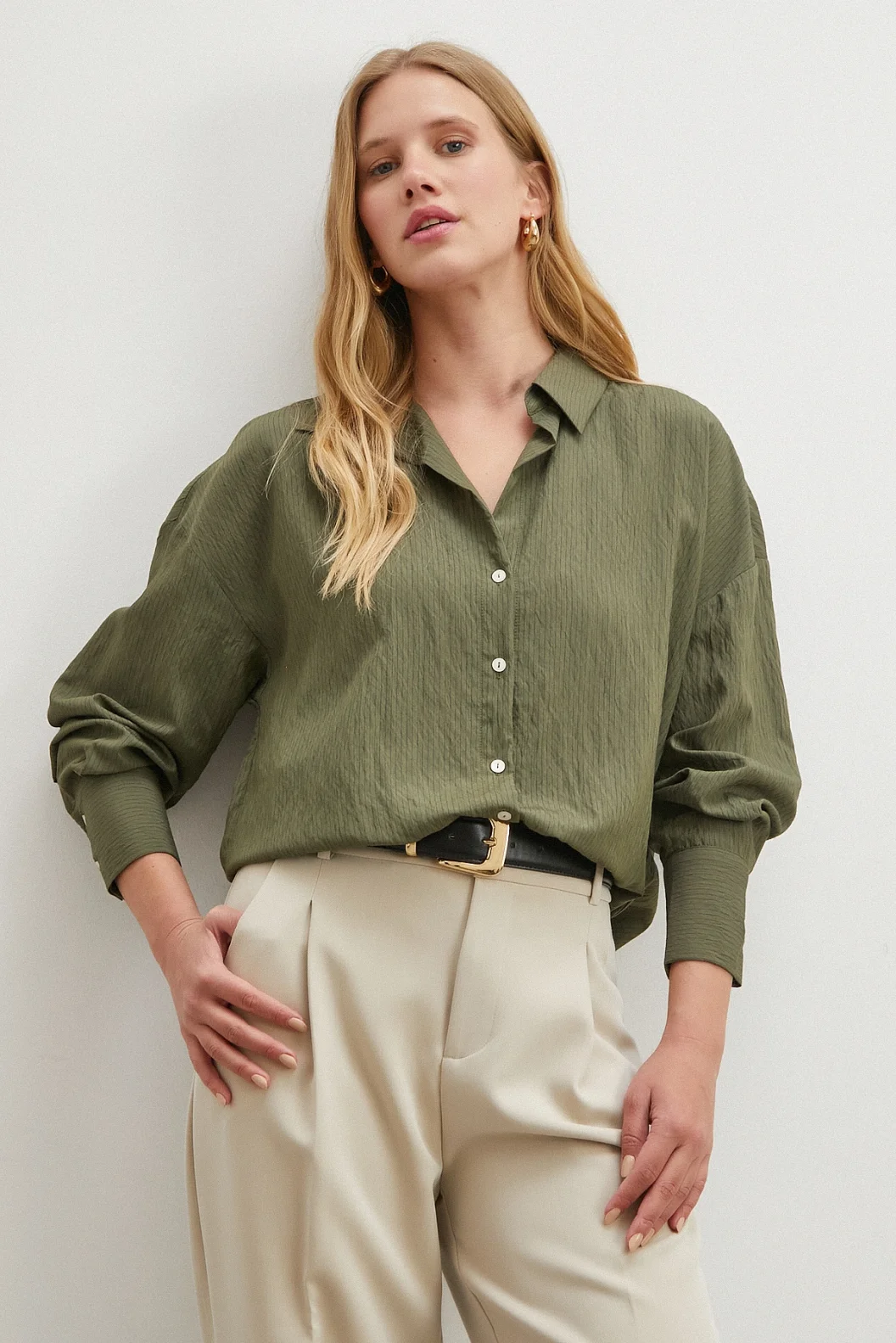 Çizgili Viskon Gömlek Haki