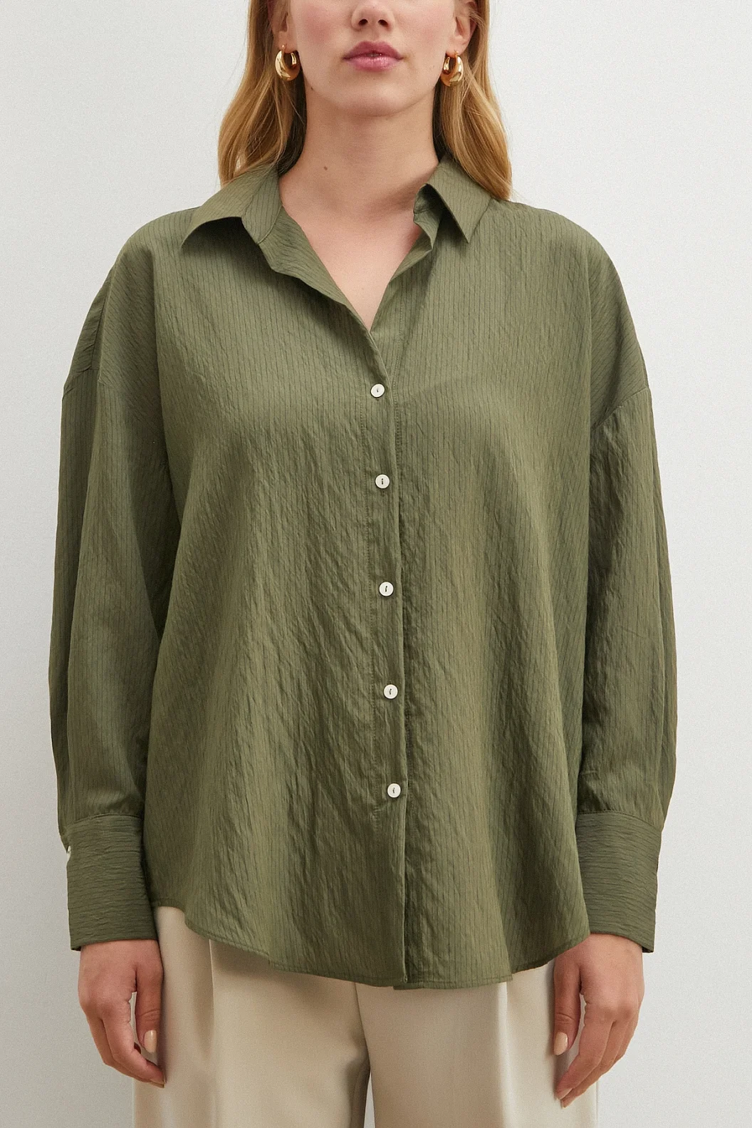 Çizgili Viskon Gömlek Haki