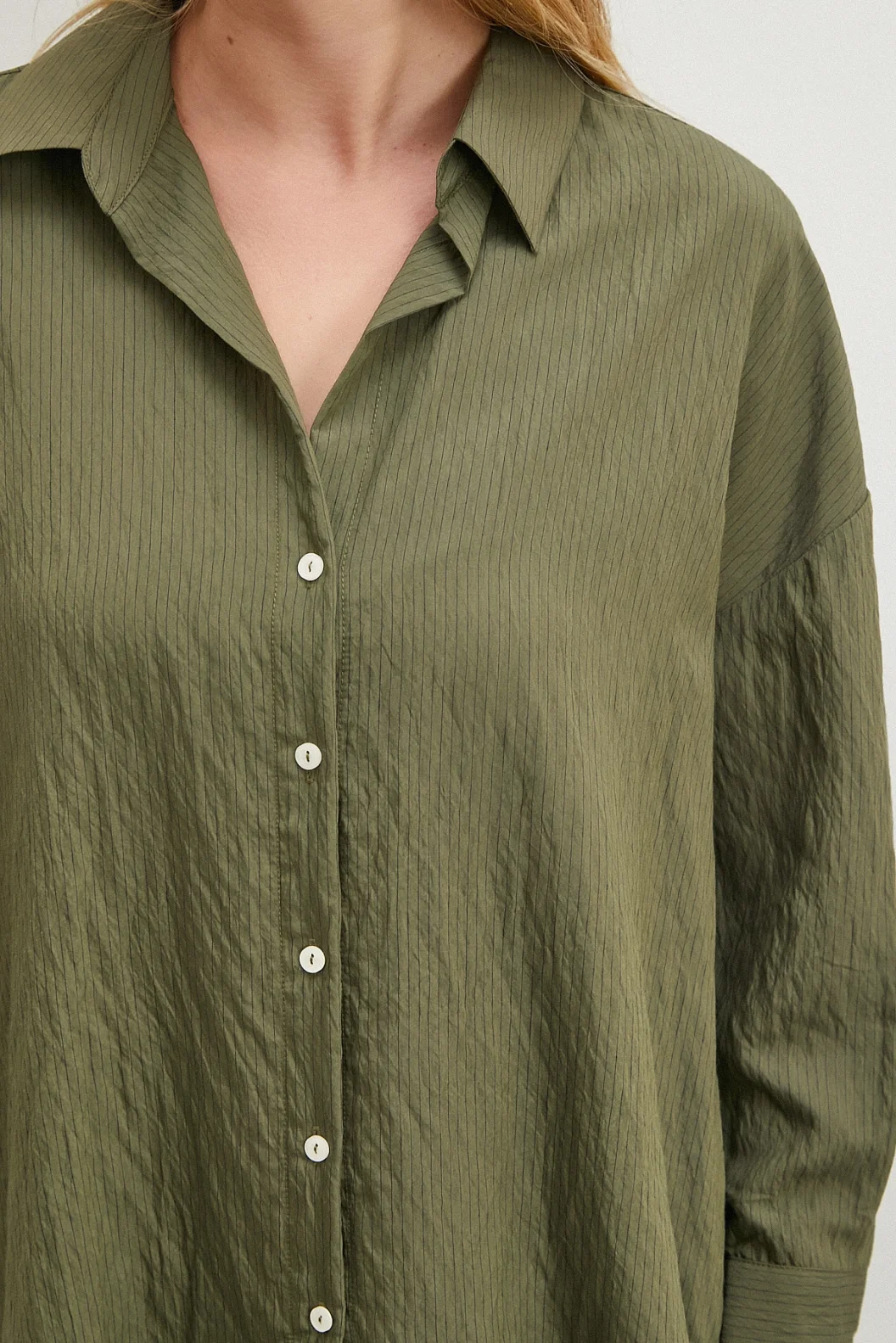 Çizgili Viskon Gömlek Haki