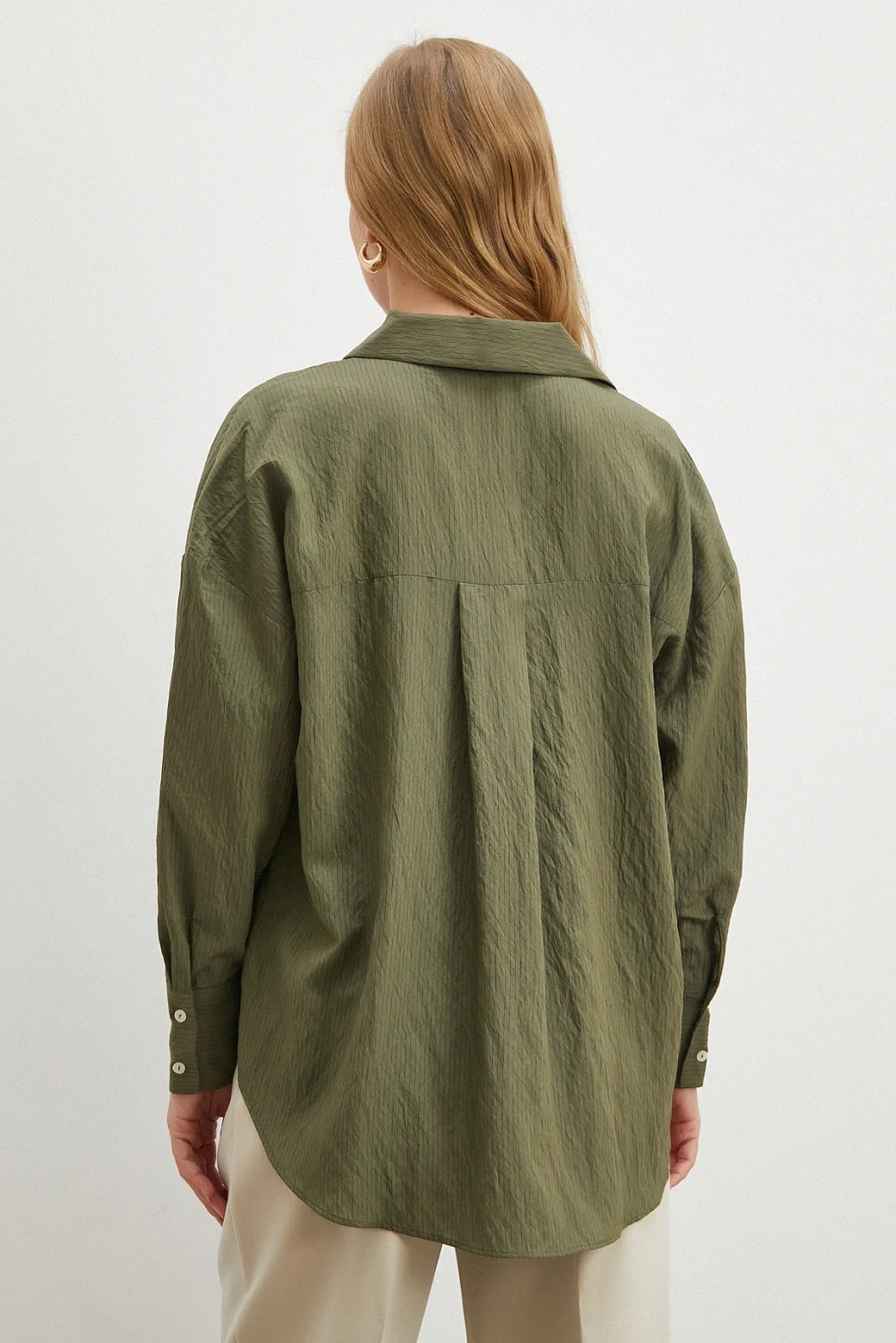 Çizgili Viskon Gömlek Haki