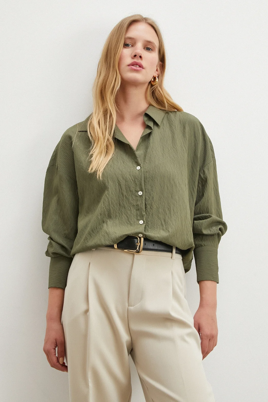 Çizgili Viskon Gömlek Haki