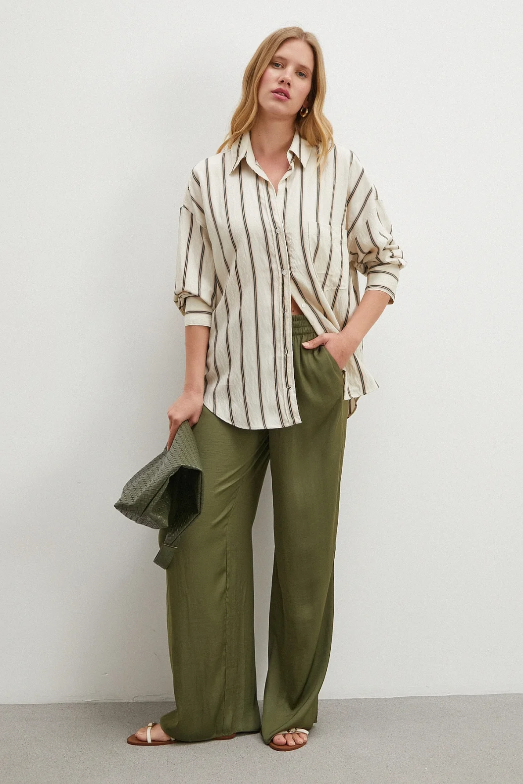 Çizgili Diagonal Gömlek Krem