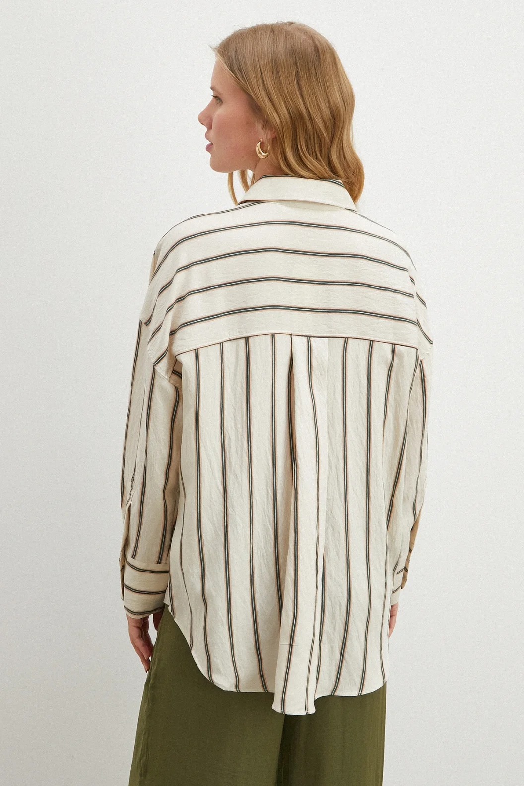 Çizgili Diagonal Gömlek Krem