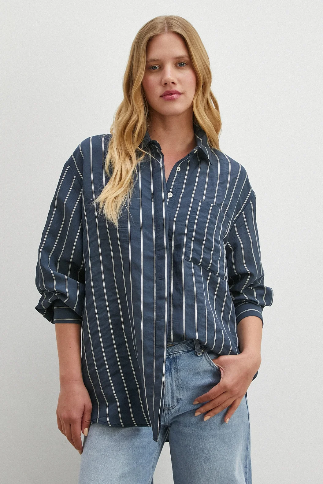 Çizgili Cepli Modal Gömlek Lacivert