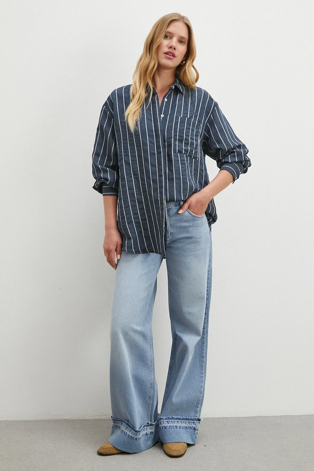 Çizgili Cepli Modal Gömlek Lacivert