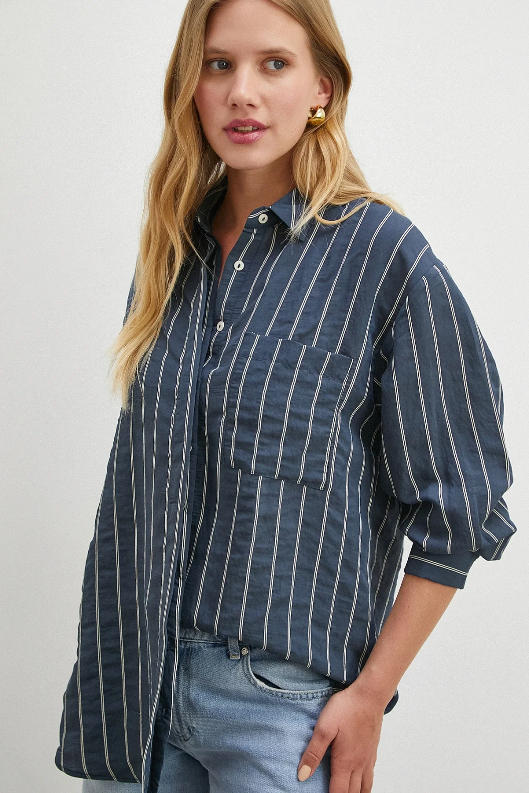 Çizgili Cepli Modal Gömlek Lacivert