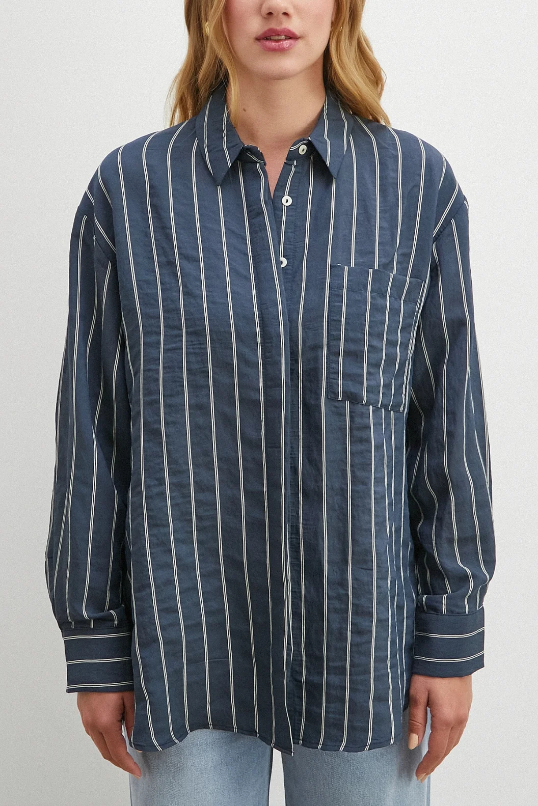 Çizgili Cepli Modal Gömlek Lacivert
