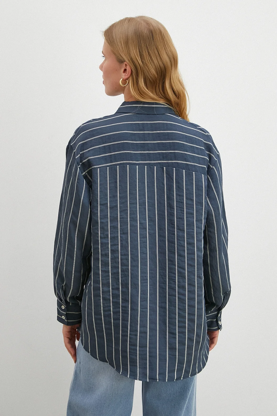 Çizgili Cepli Modal Gömlek Lacivert