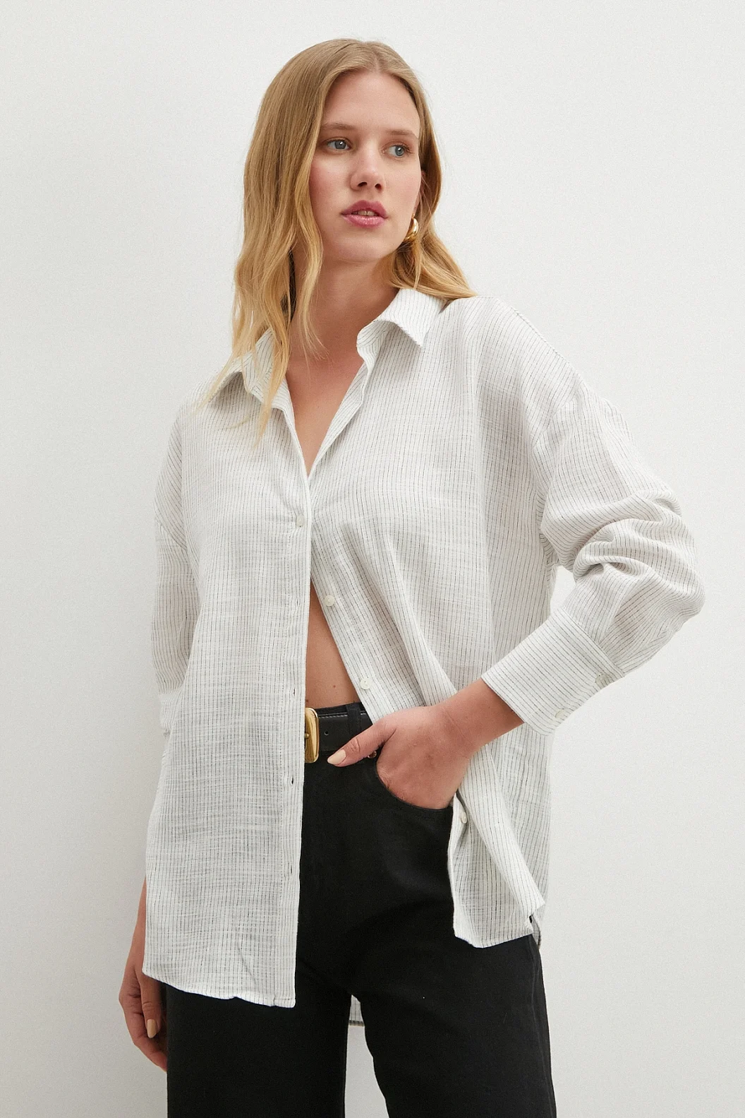 Çizgili Pamuklu Gömlek Beyaz