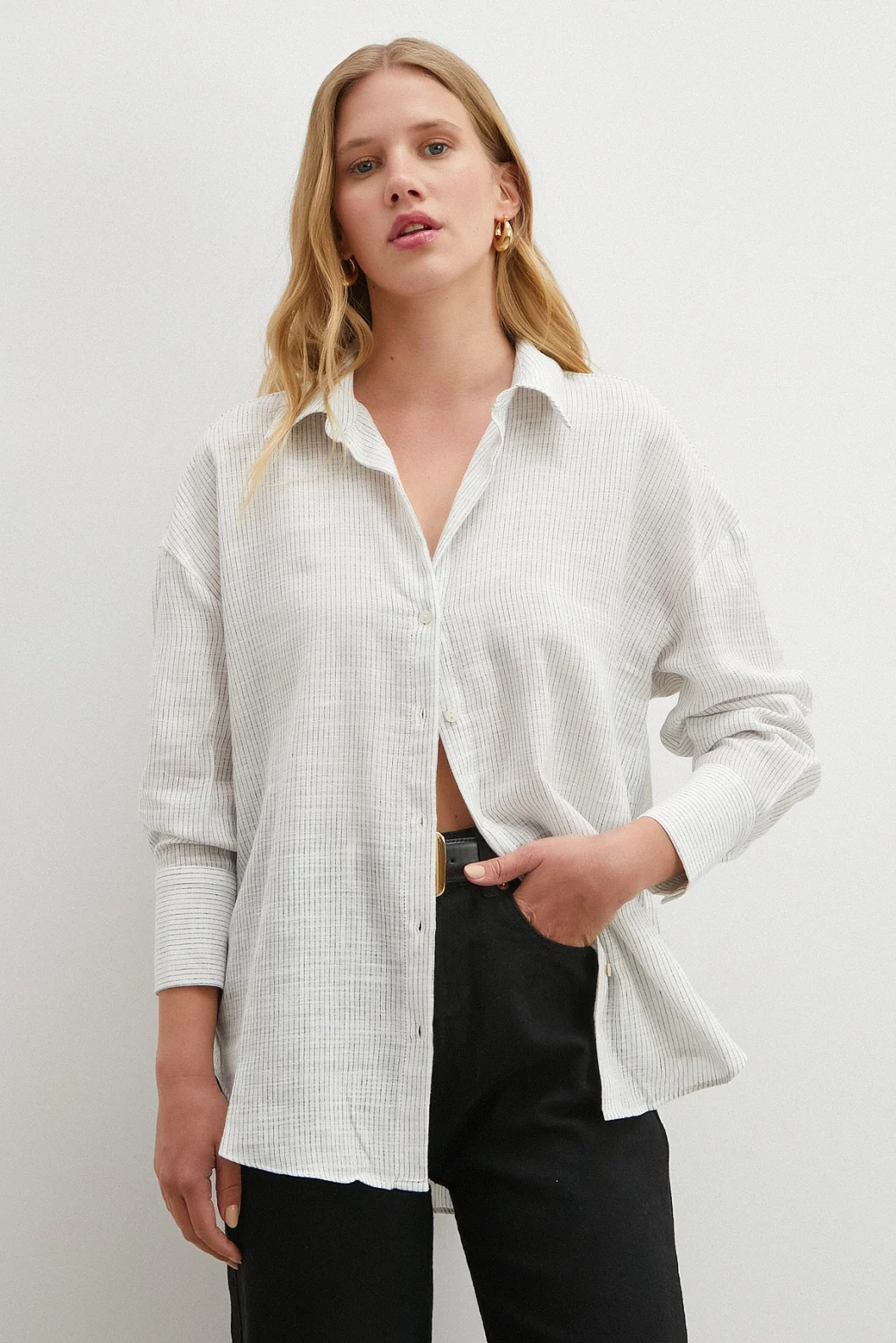 Çizgili Pamuklu Gömlek Beyaz