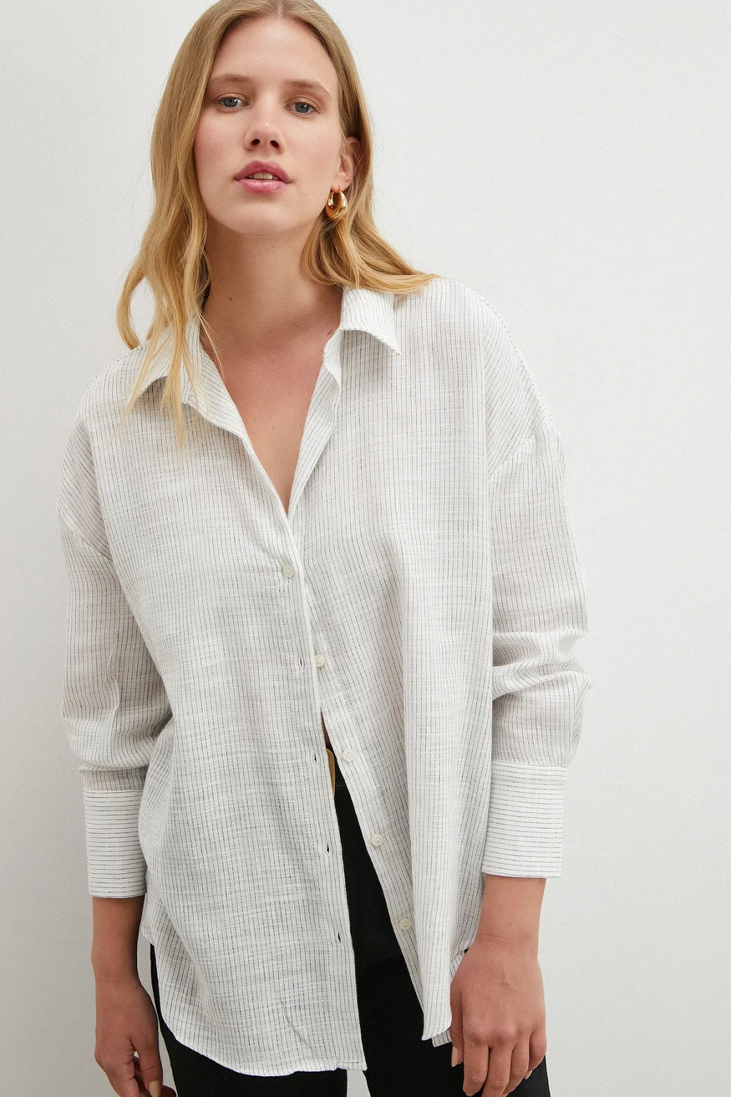 Çizgili Pamuklu Gömlek Beyaz