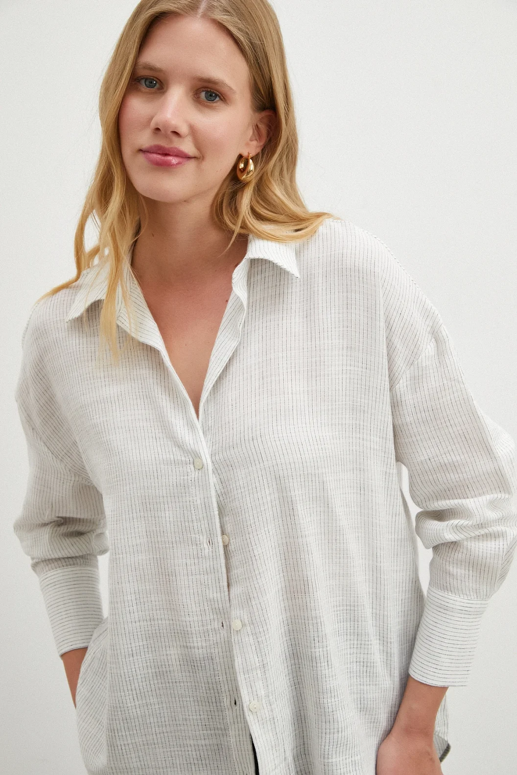 Çizgili Pamuklu Gömlek Beyaz