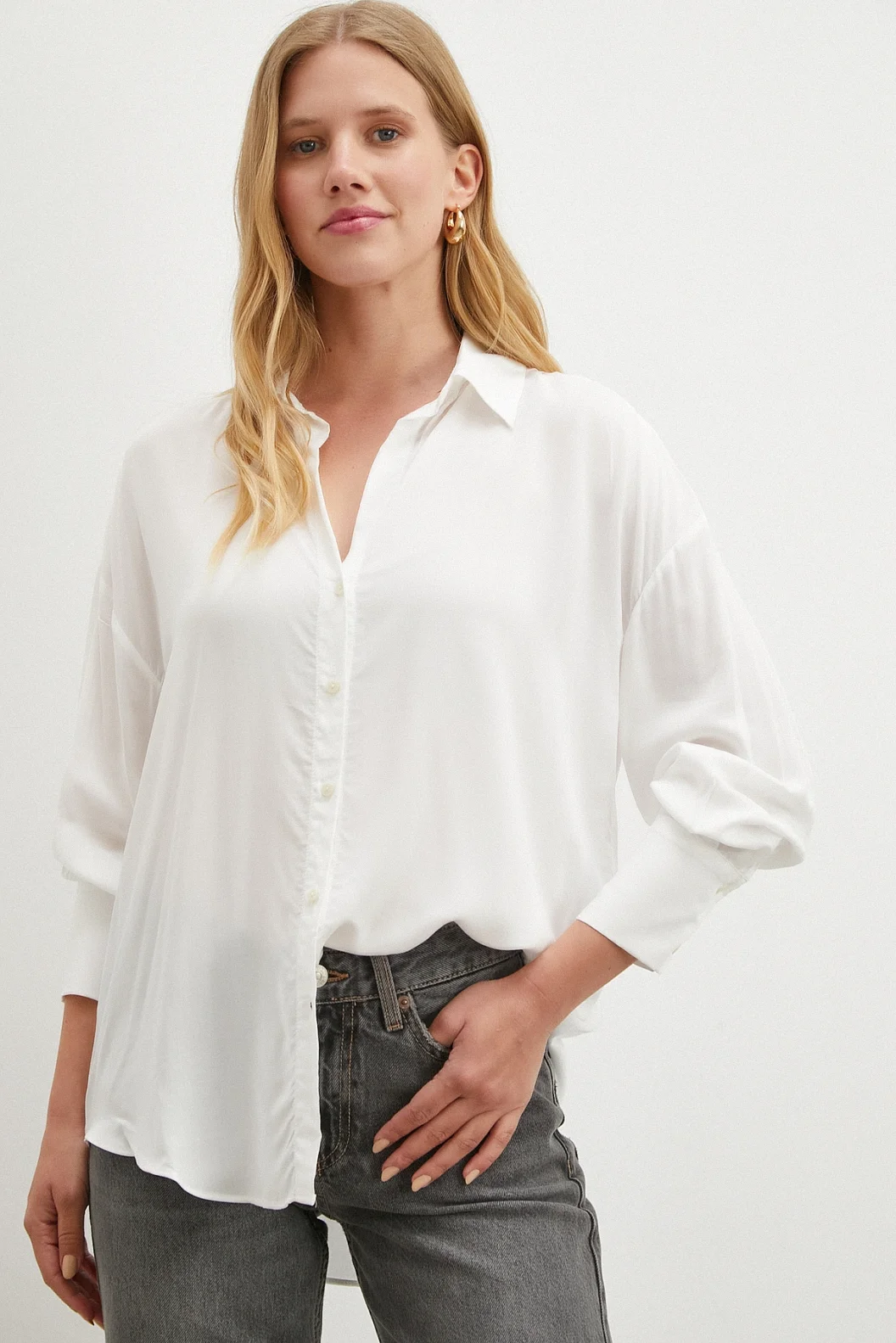 Viskon Dokuma Gömlek Beyaz