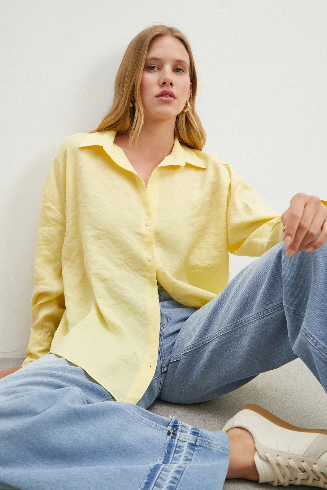 Dökümlü Oversize Modal Gömlek Sarı