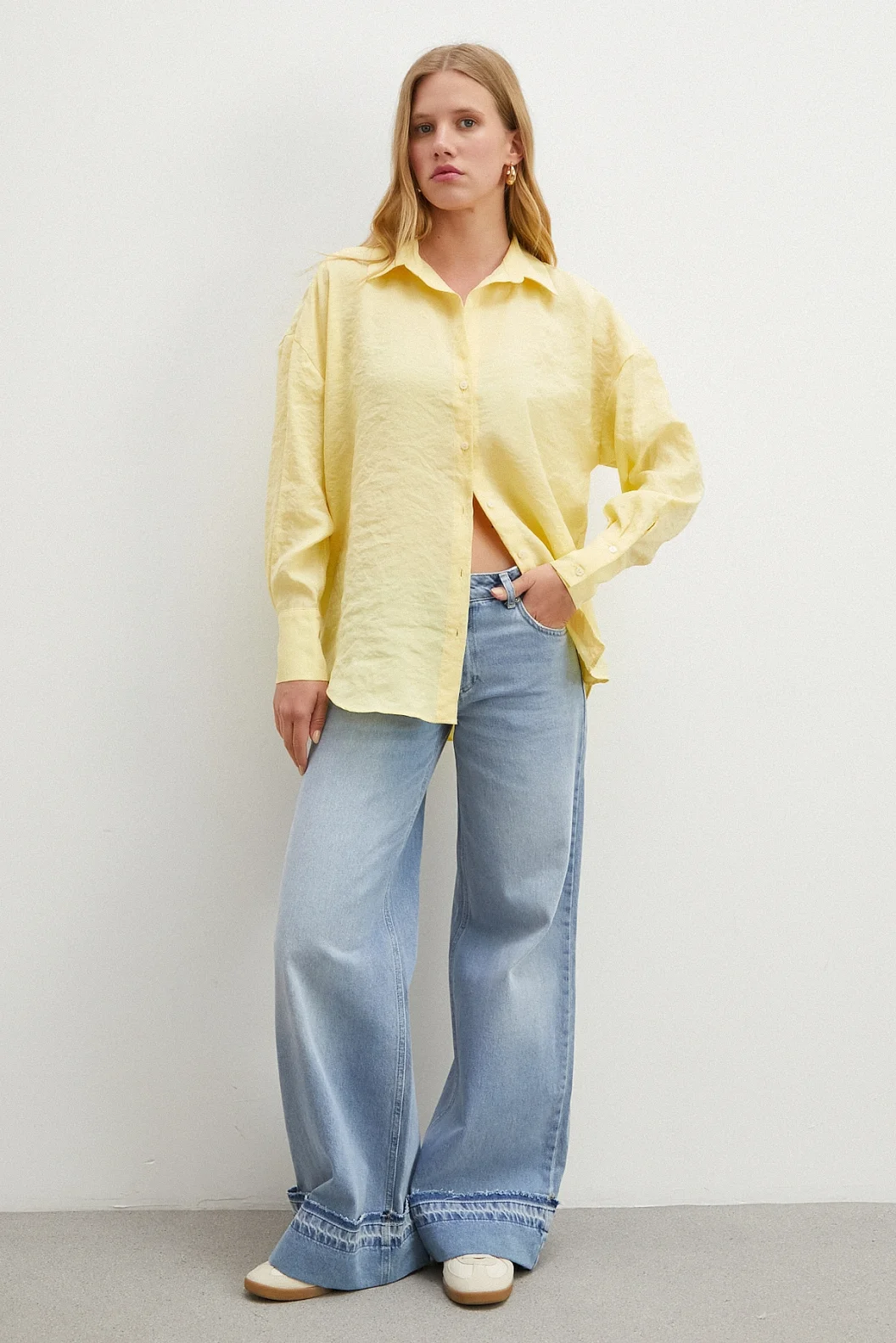 Dökümlü Oversize Modal Gömlek Sarı