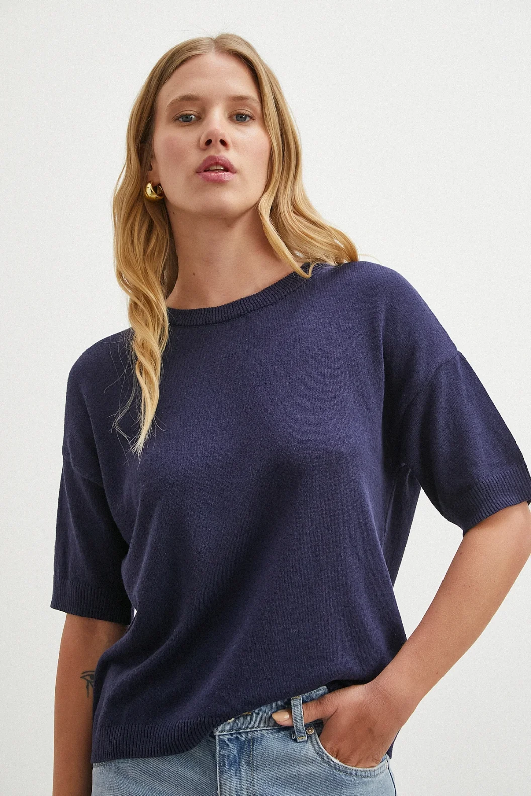 Bisiklet Yaka Triko T-shirt Lacivert