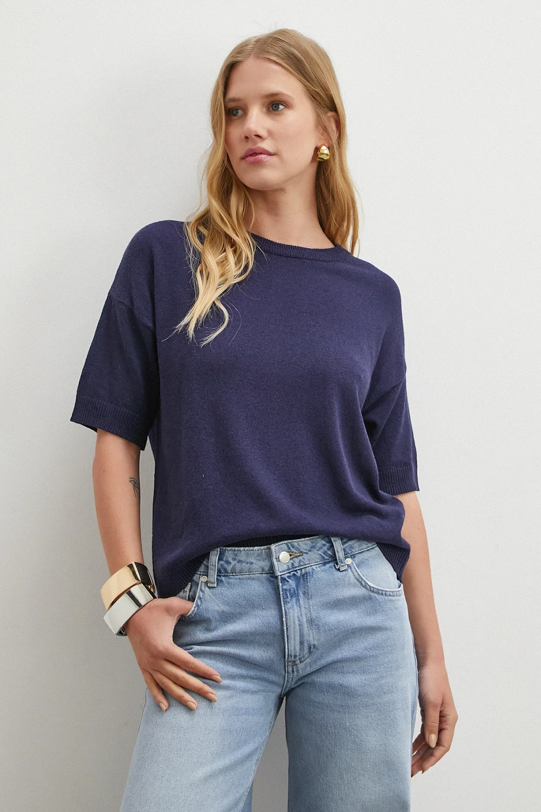 Bisiklet Yaka Triko T-shirt Lacivert