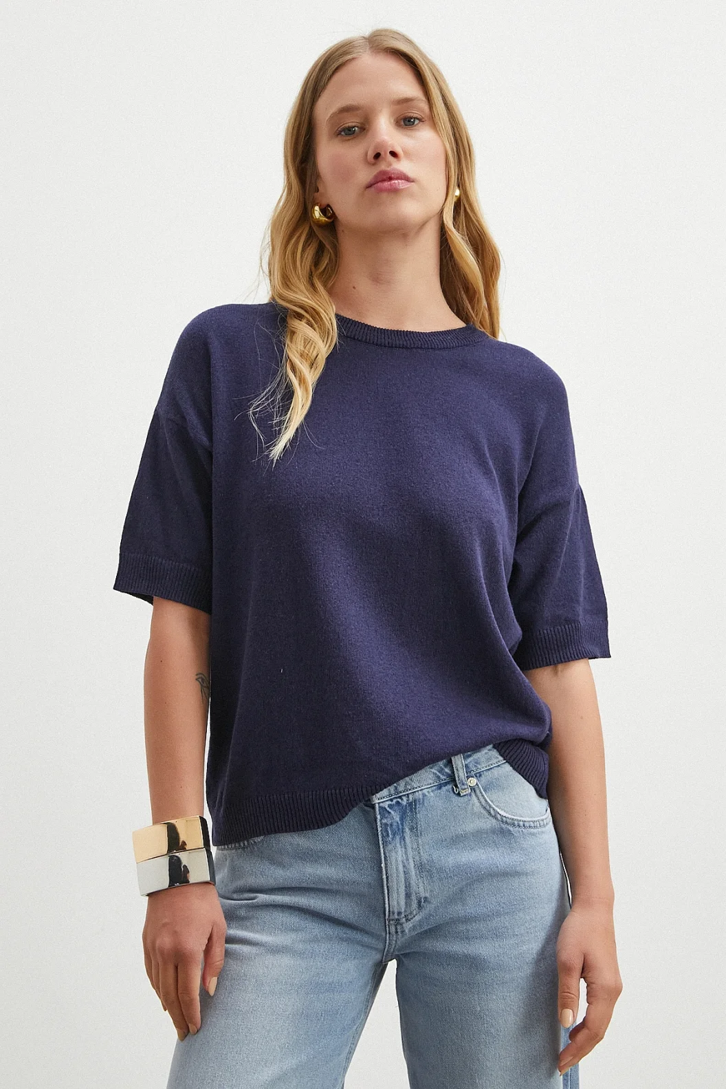 Bisiklet Yaka Triko T-shirt Lacivert
