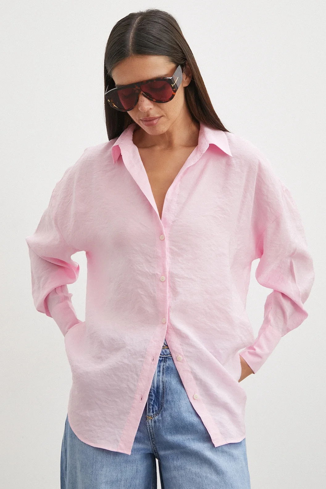 Dökümlü Oversize Modal Gömlek Pembe