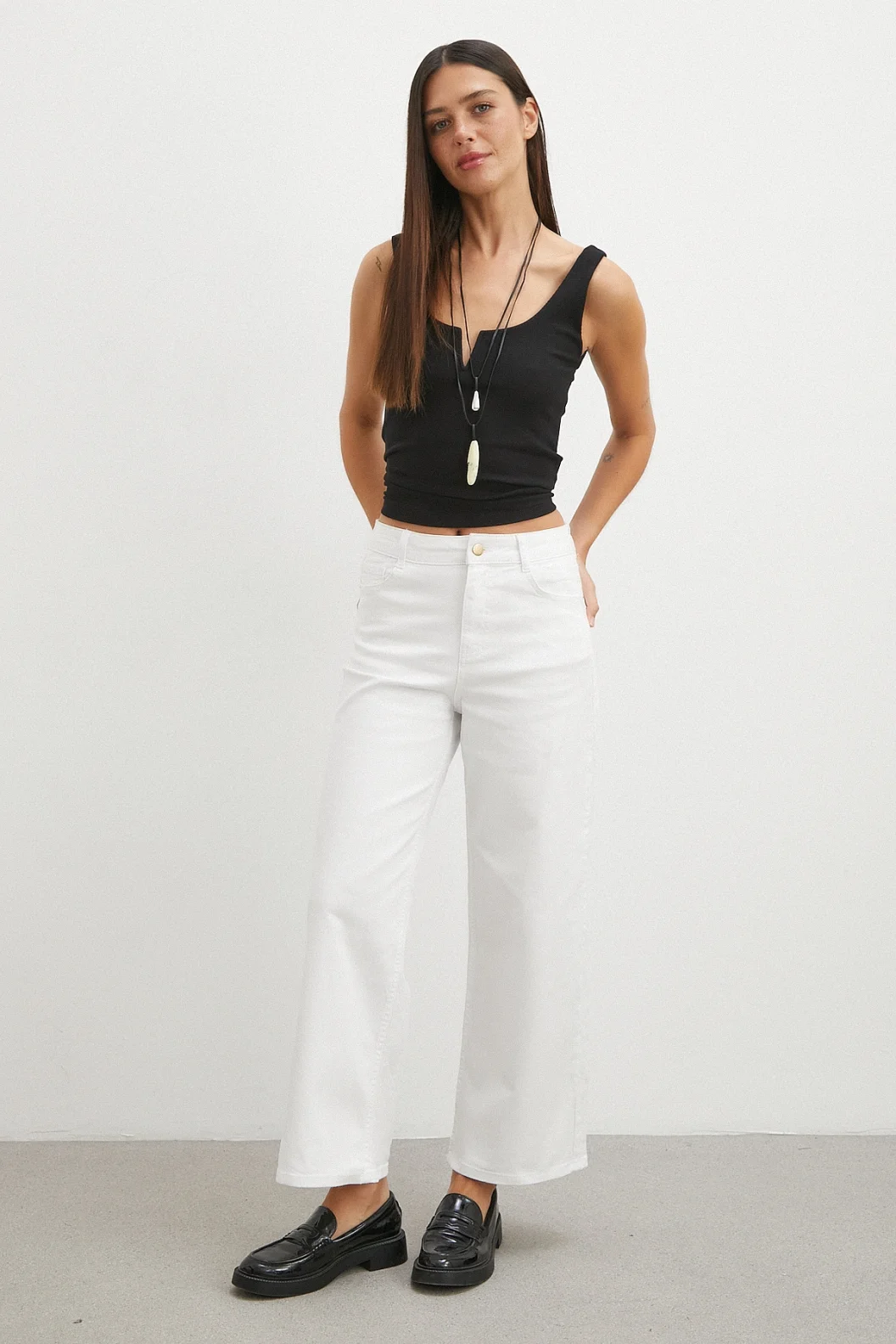 Yüksek Bel Culotte Jean Beyaz