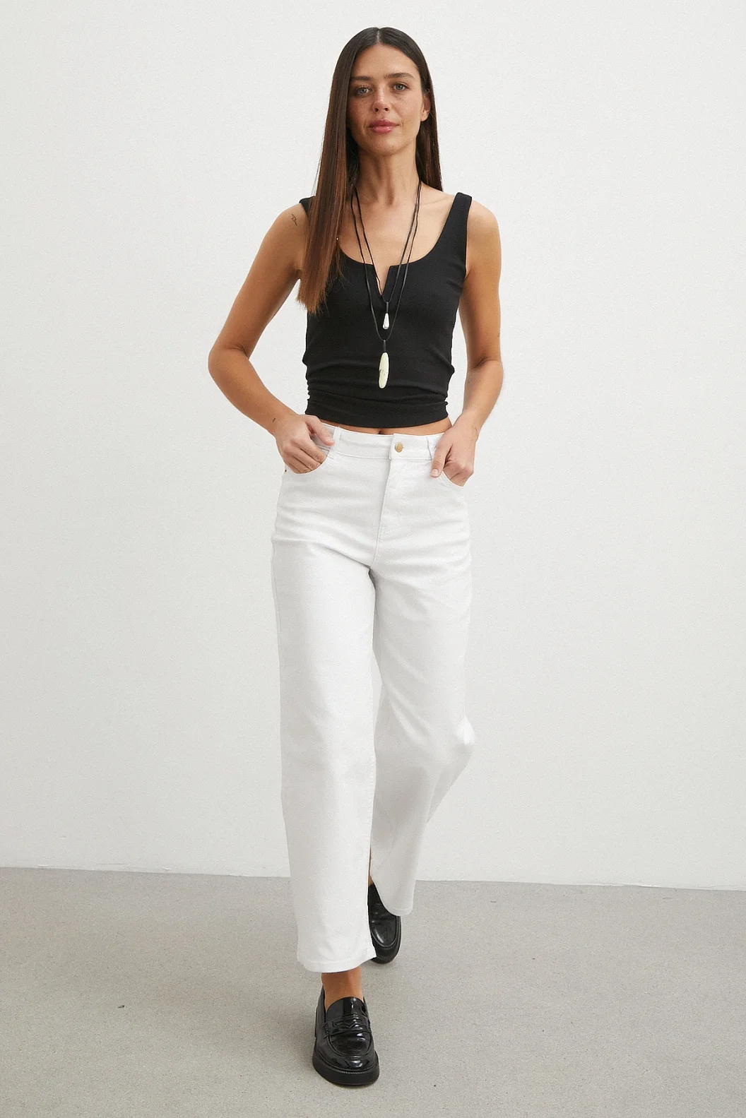 Yüksek Bel Culotte Jean Beyaz