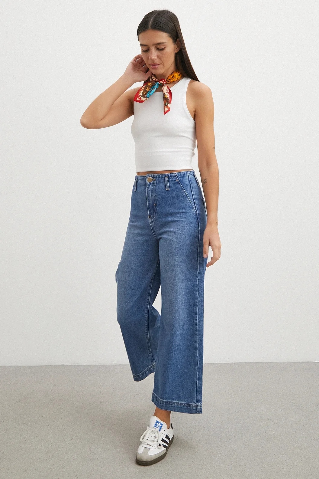 Yüksek Bel Cep Detaylı Wide Leg Jean Mavi
