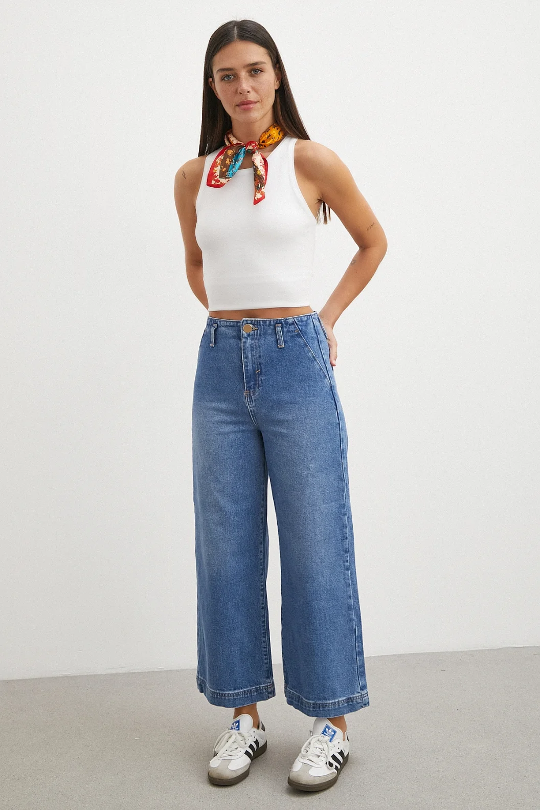 Yüksek Bel Cep Detaylı Wide Leg Jean Mavi