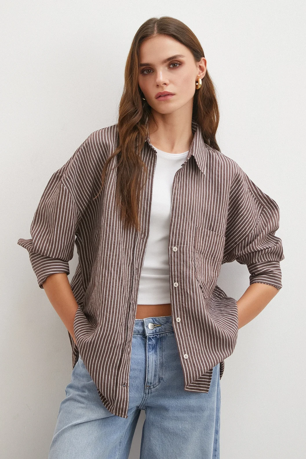 Çizgili Oversize Gömlek Kahve