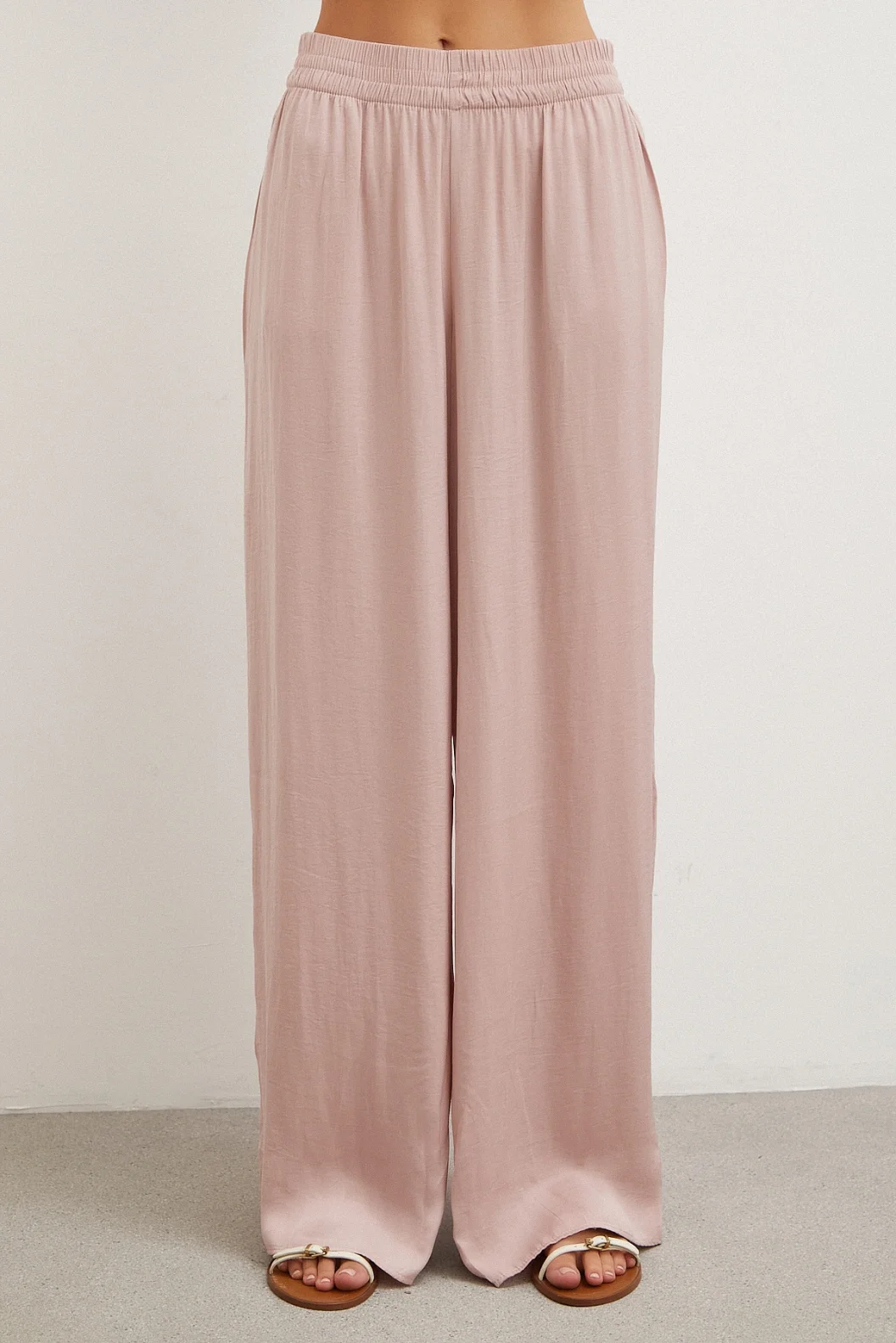 Beli Lastikli Dökümlü Geniş Paça Pantolon Pembe