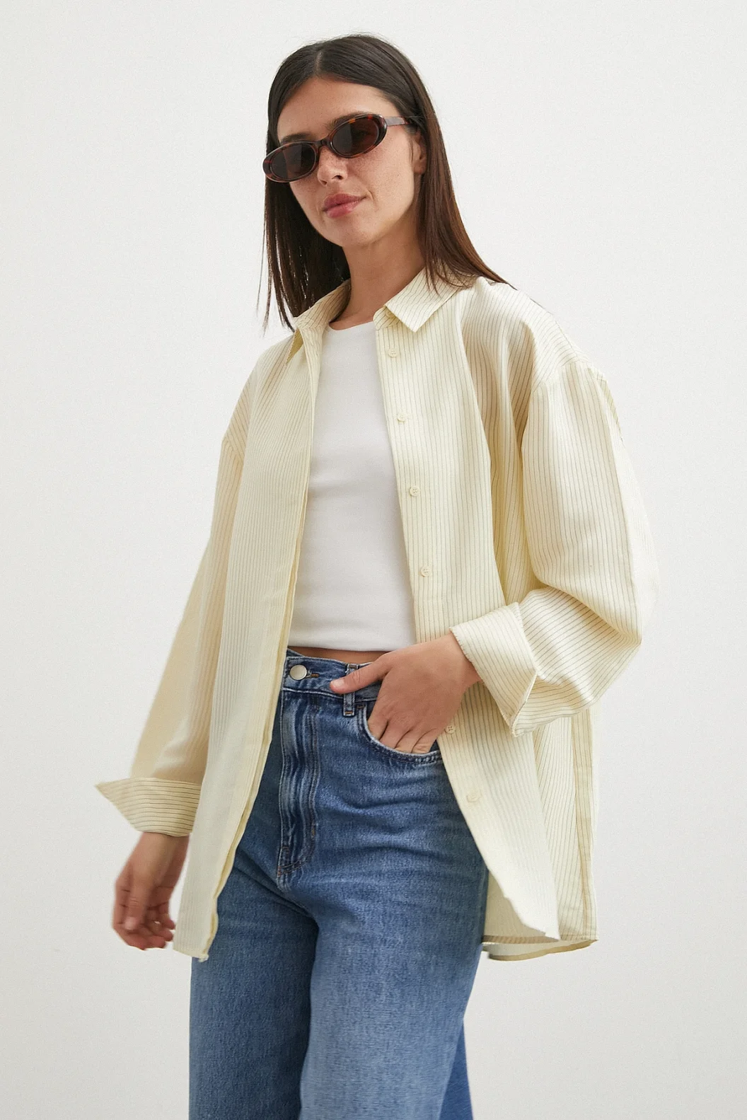 Çizgili Oversize Pastel Gömlek Sarı