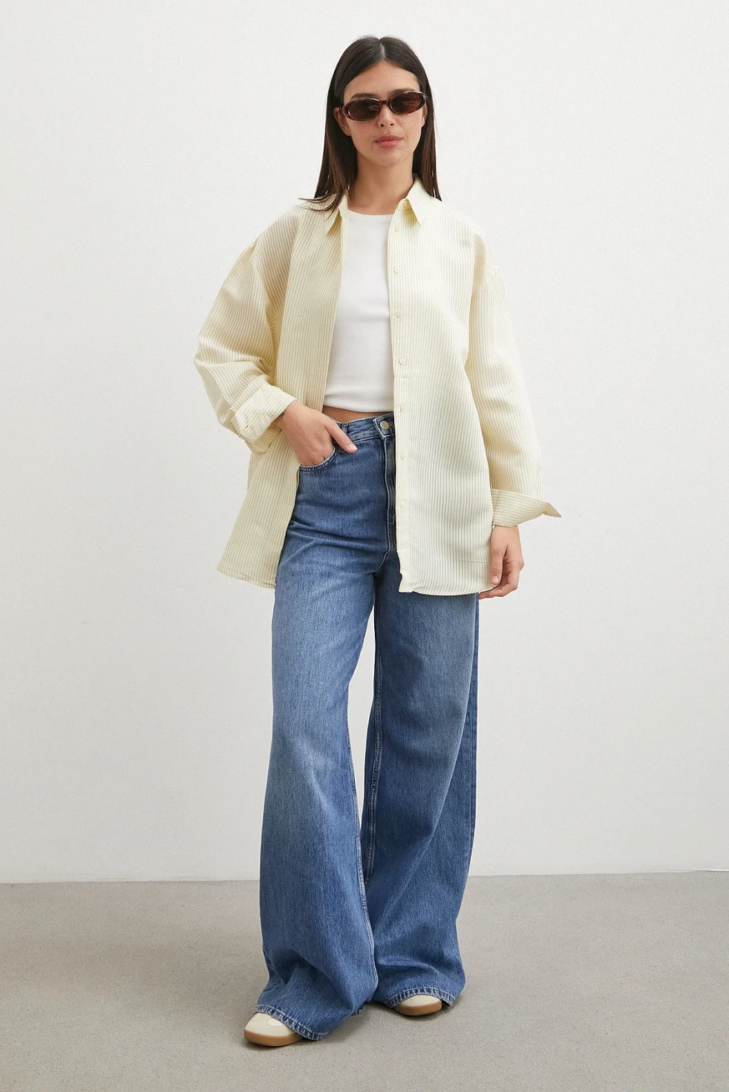 Çizgili Oversize Pastel Gömlek Sarı