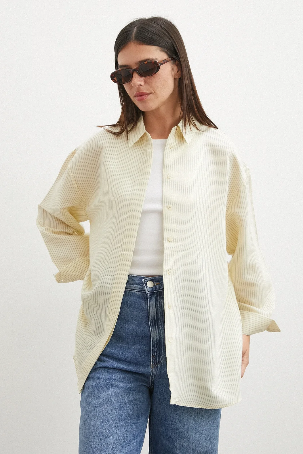 Çizgili Oversize Pastel Gömlek Sarı