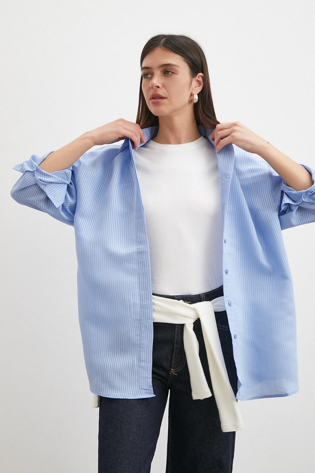 Çizgili Oversize Pastel Gömlek Mavi