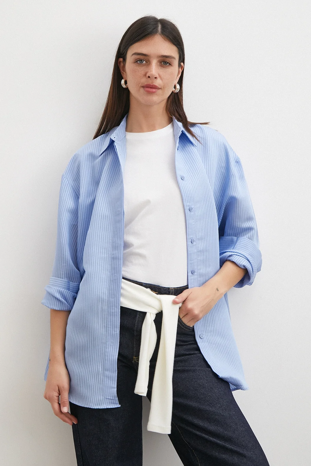 Çizgili Oversize Pastel Gömlek Mavi