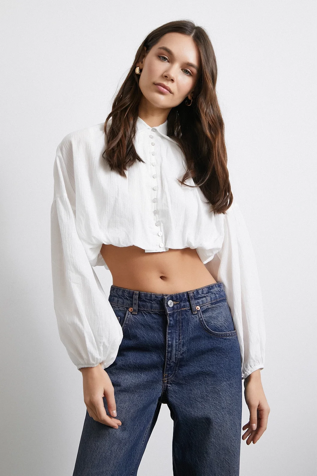 Balloon Sleeve Crop Top White