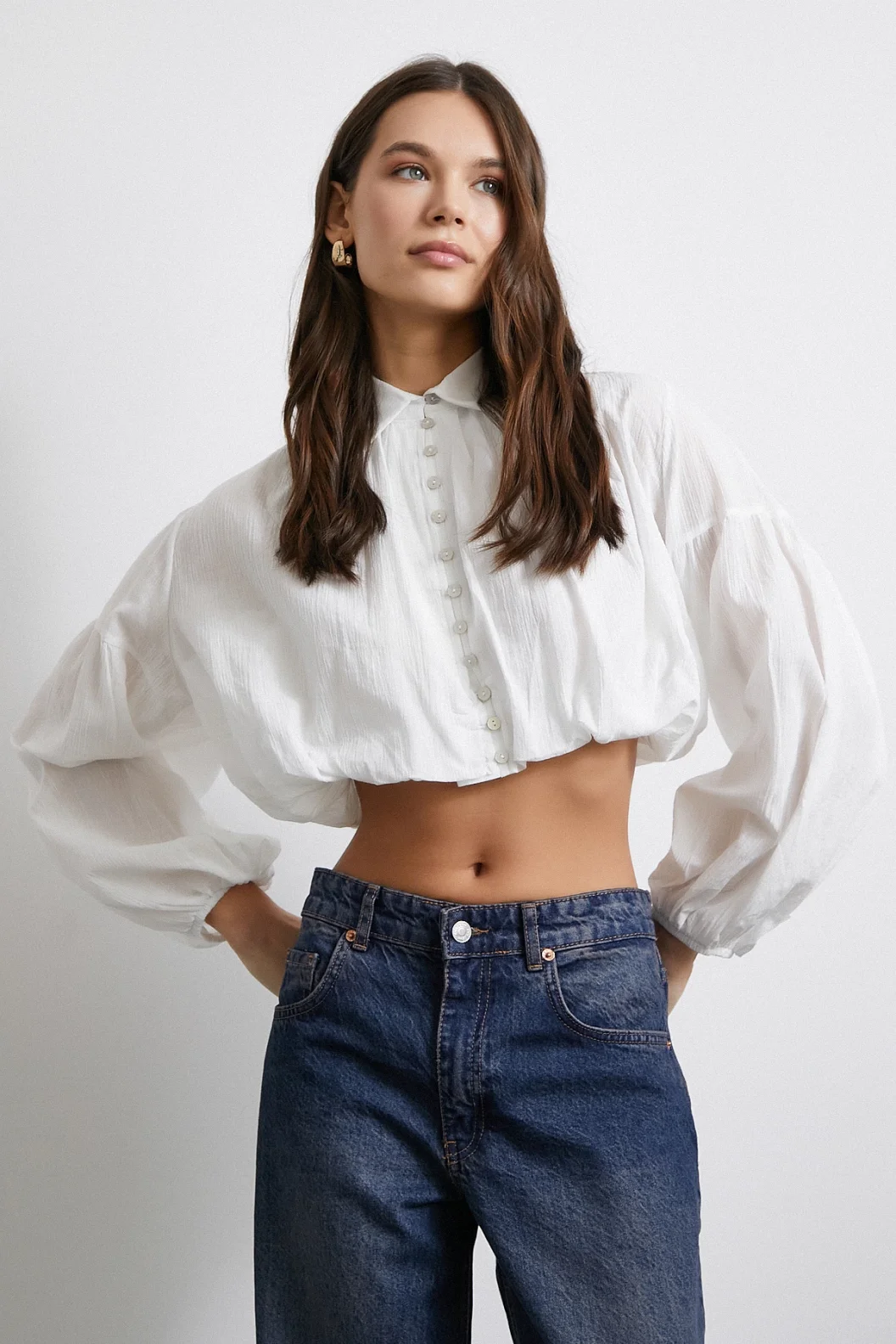 Balloon Sleeve Crop Top White