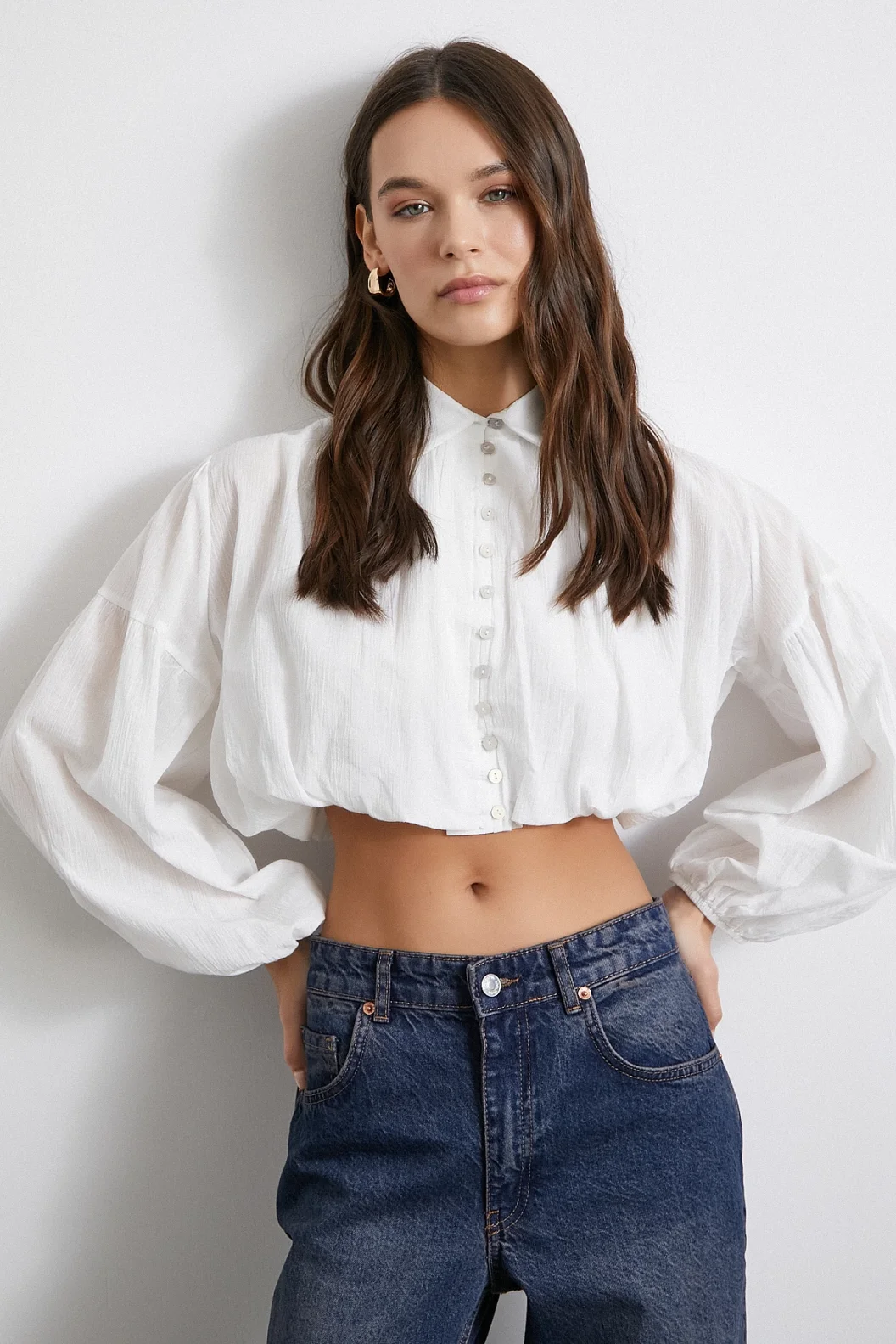 Balloon Sleeve Crop Top White